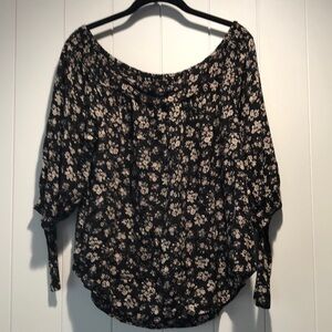 Zenobia black floral off shoulders top 3/4 sleeve w tie flowing bohemian top 1XL